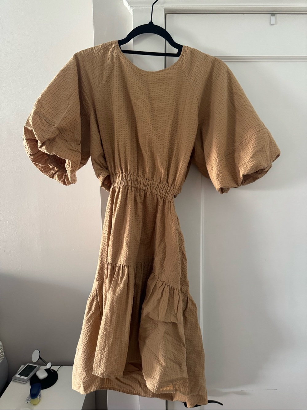 Madewell Tan Puff-Sleeve Tiered Dress